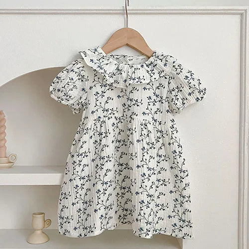 Vestidos de princesa de verano para niñas, de manga corta, de algodón, de color liso, amplio cuellos Peter Pan, para fiesta