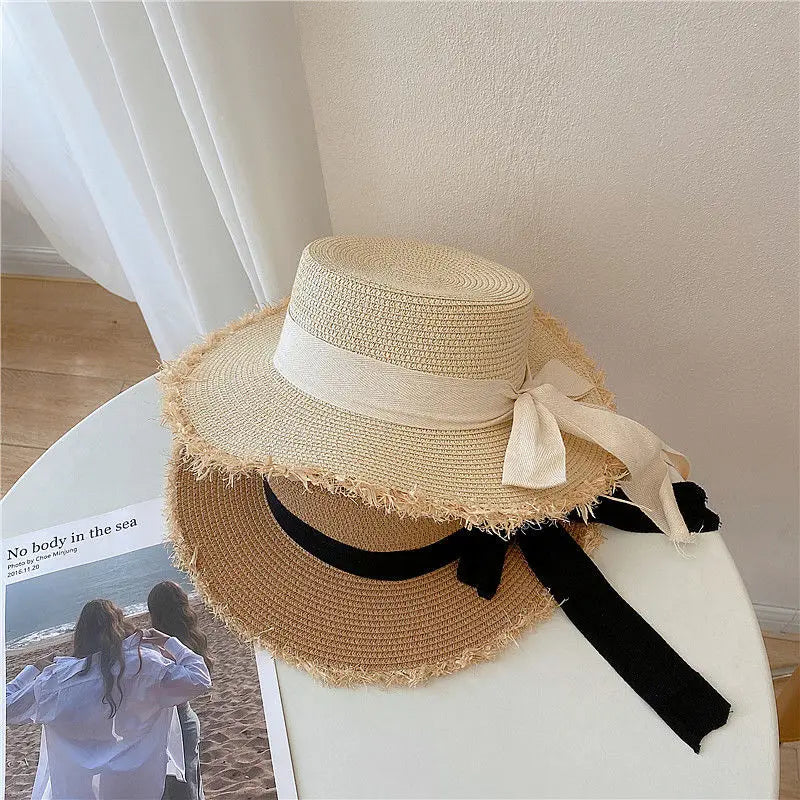 Beach HatJapanese Everything Hairy Edge Straw Hat Female Summer Flat Top Outing Sun Hat Small Fresh Bow Sun Shade Beach Hat