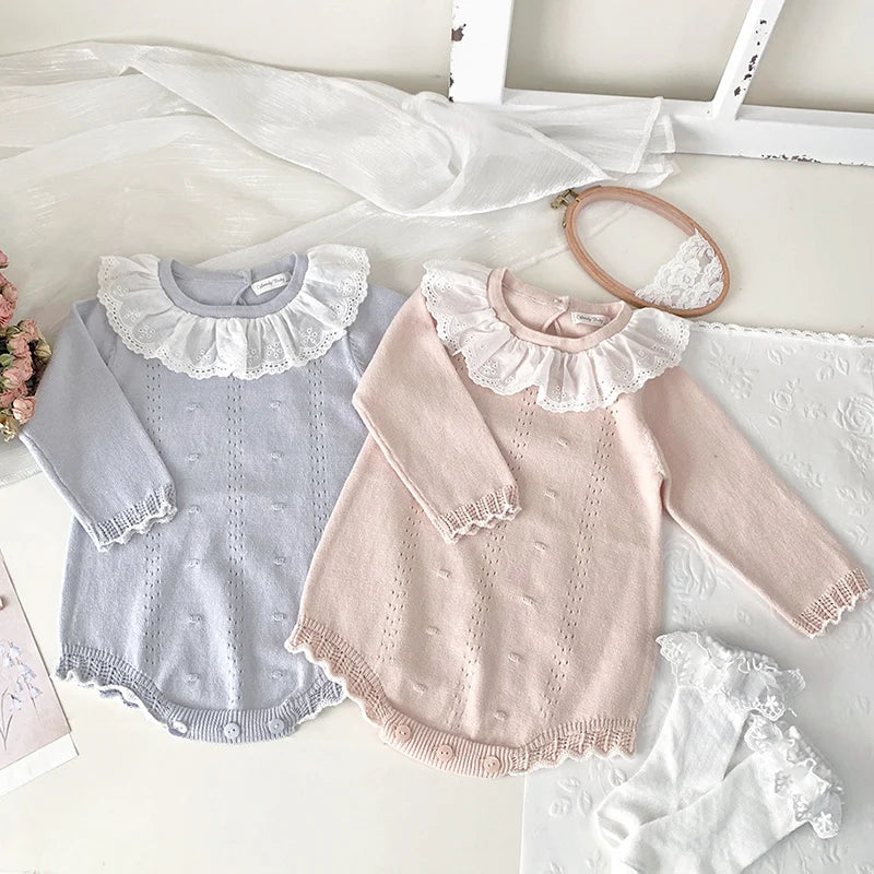 New Lace Baby Knitted Romper Autumn Girl Overall Baby Girls Romper Ruffle Long Sleeve Newborn Baby Clothes Infant Baby Jumpsuits