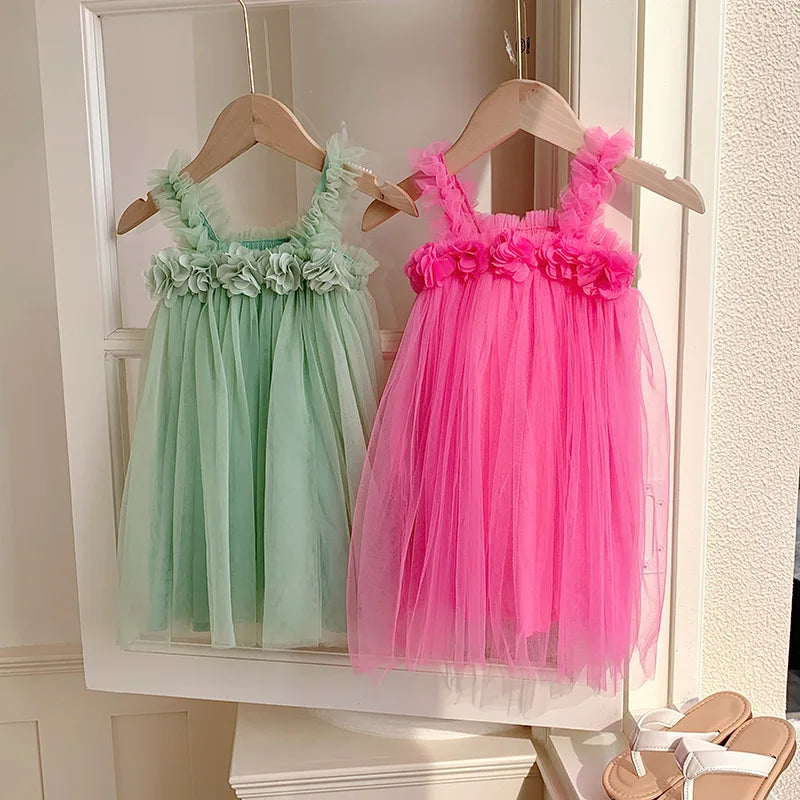 Summer Mesh Tulle Princess Slip Tutu Dresses 3D Flower Mermaid Birthday Dress for Baby Girl Clothes Sleeveless Girl Clothes