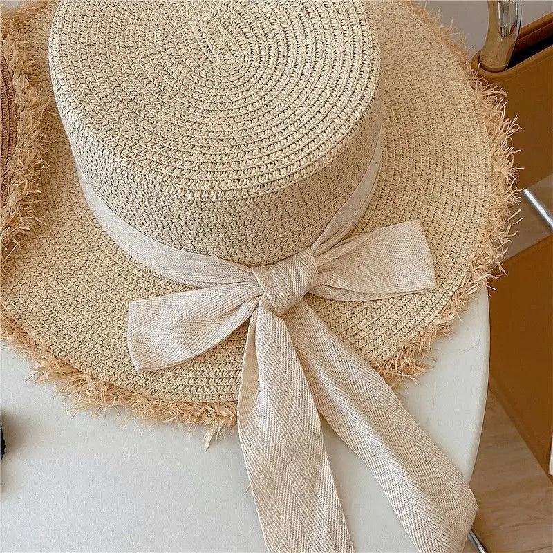 Beach HatJapanese Everything Hairy Edge Straw Hat Female Summer Flat Top Outing Sun Hat Small Fresh Bow Sun Shade Beach Hat