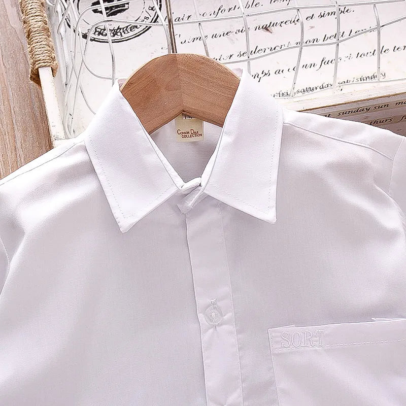 New Summer Boys Shirt Short Sleeve Button A Line Collar Simple White Shirt Light Pocket Decoration Casual