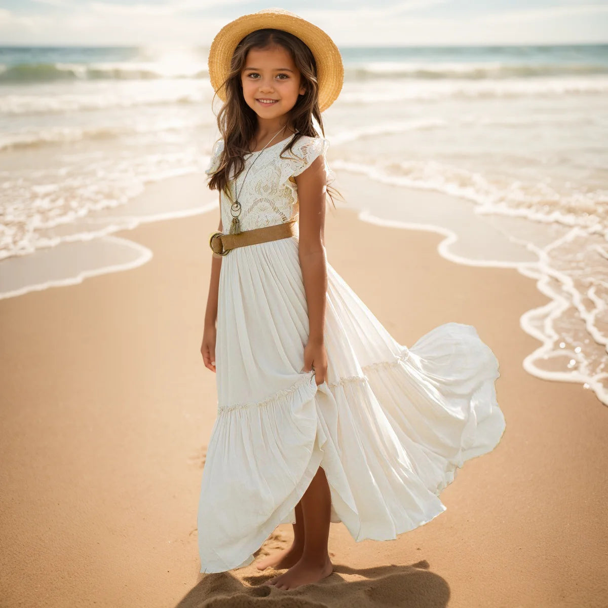 Vestidos largos de encaje bohemio para niñas y adolescentes, vestidos de fiesta de princesa con flores