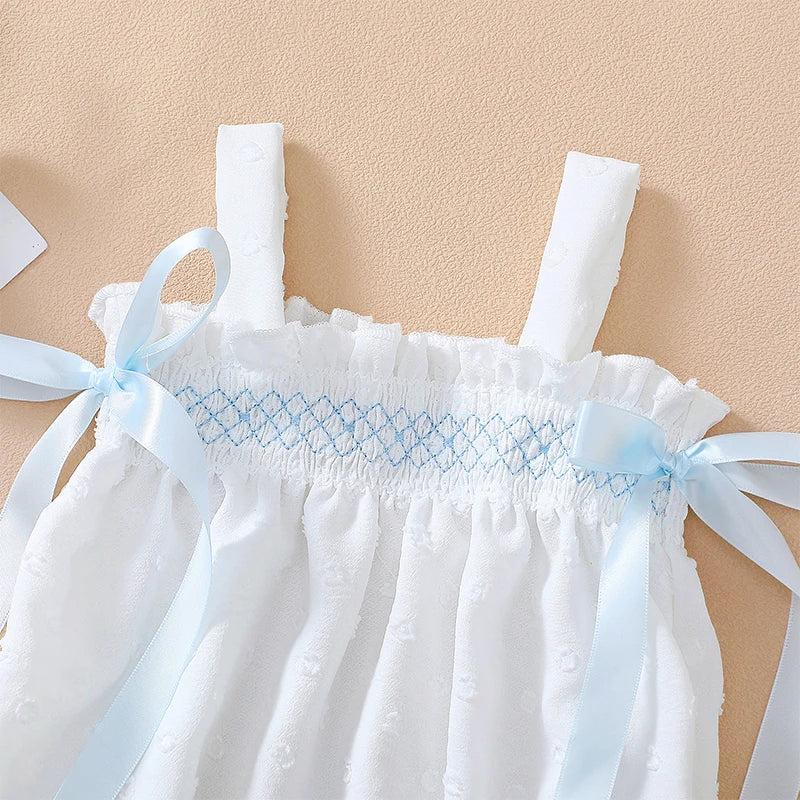 Babypiges sommerbukser, satinsløjfe blomster Jacquard ærmeløse stropper