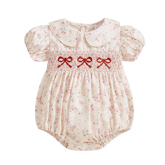 Peleles bordados con lazo para niñas de 0 a 18M, monos de burbujas de manga corta con cuello de muñeca con estampado Floral encantador para recién nacidos
