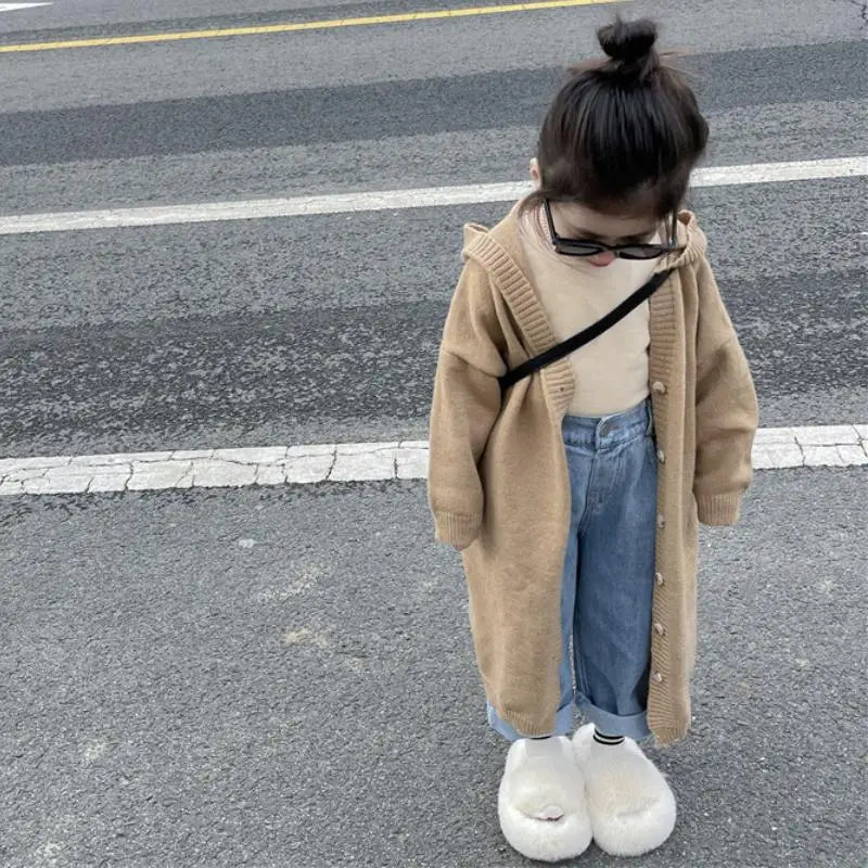 Chaleco largo de punto con capucha de manga larga para niña, para el otoño