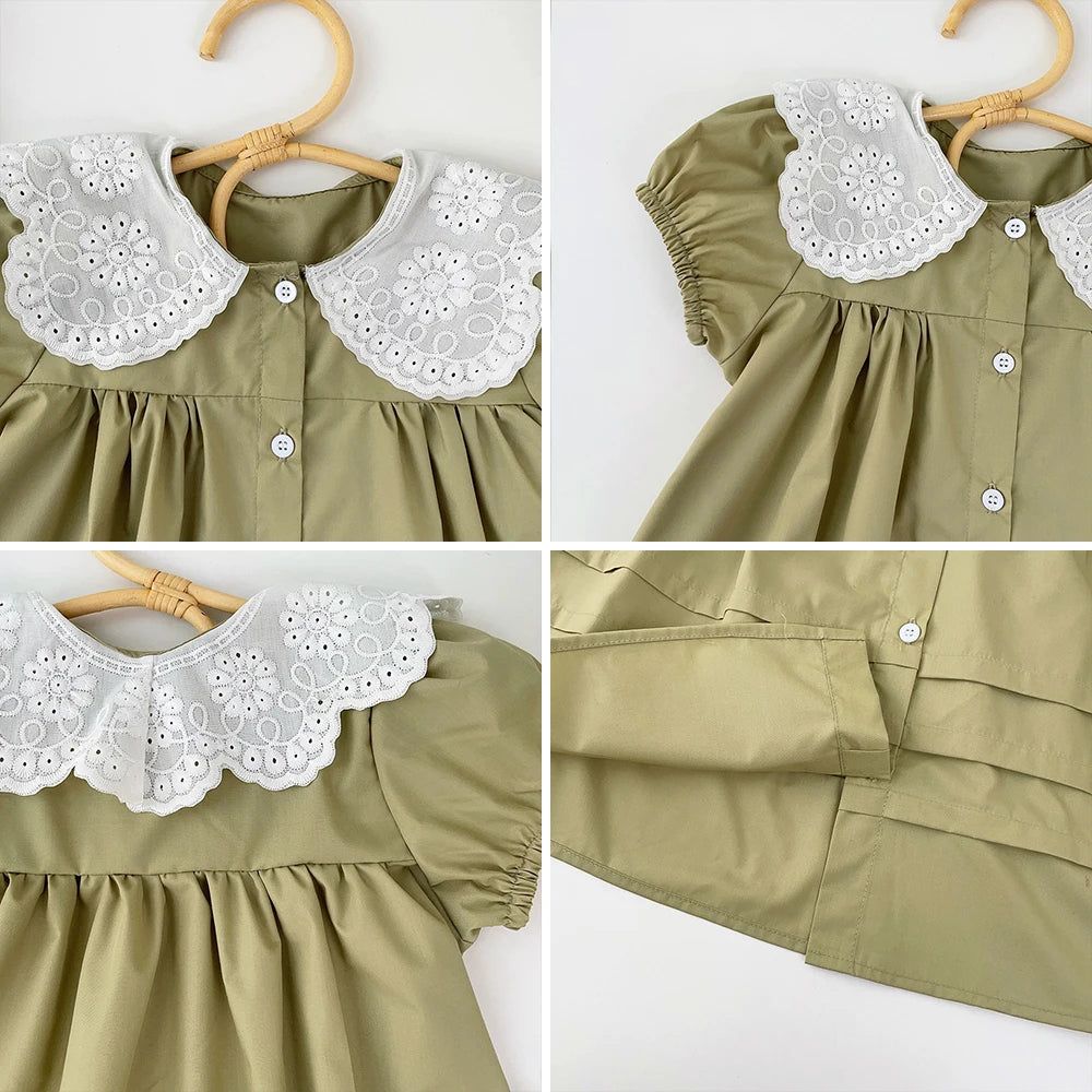 Vestido de verano para niñas, cuello de encaje, mangas abullonadas, elegante, para bebés, vestidos de princesa para cumpleaños, ropa para niños