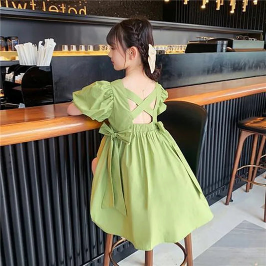 Teenage Girls Solid Dress New Summer Kids Clothes Fashion Girl Children's Princess Long Dress Girl Size 4 To 14 Years Old, Green Lamb