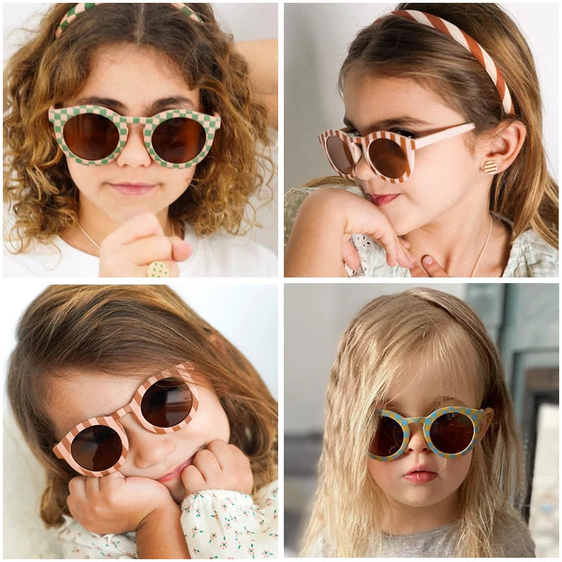 Lentes de sol para niños con diseño de cuadros bonitos y redondas con protección UV400 para niños y bebés, gafas de sol para exteriores con protección solar