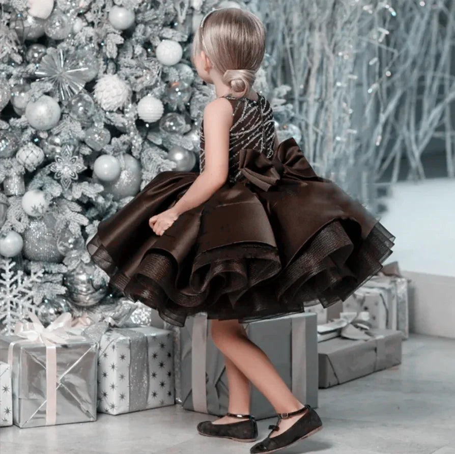Vestido de fiesta para niña, de satén marrón, tul con lentejuelas abullonado y lazo, sin mangas vestido de boda para niña, vestido de fiesta para bebé niña, vestido de princesa