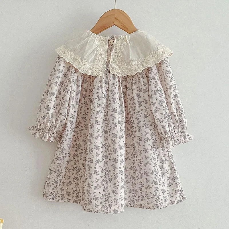 Vestido para niñas con estampado de flores, cuello amplio y bordado color crudo, de manga larga para primavera y otoño