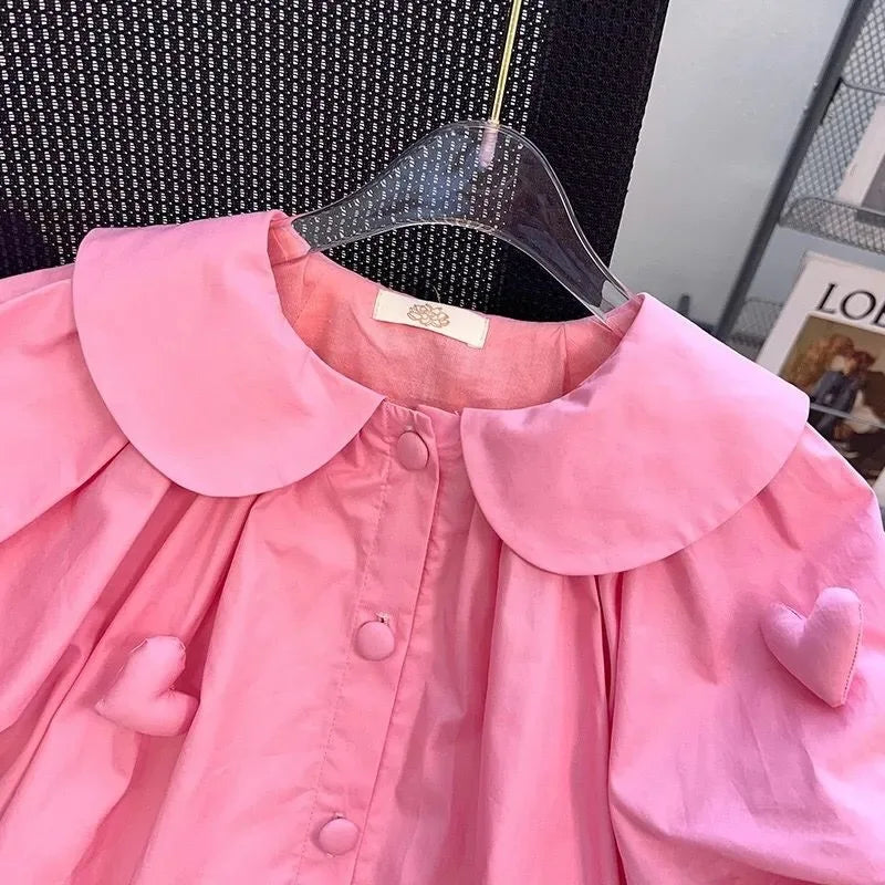 Vestido de verano para niñas de 2 a 10 años, bonito, con decoración de corazón y cuello abatible, vestido con hermosas mangas abullonadas para niña