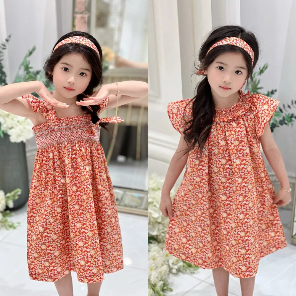 Sommerkjole til piger, piger tøj, blomsterkjoler, håndbroderet kjole med fransk -stil blomstermønster