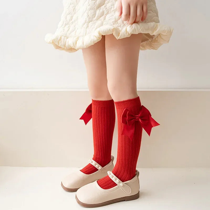 Calcetines largos con lazo para niñas, Calcetines de moda española de colores sólidos para niña, de primavera y otoño, estilo uniforme escolar