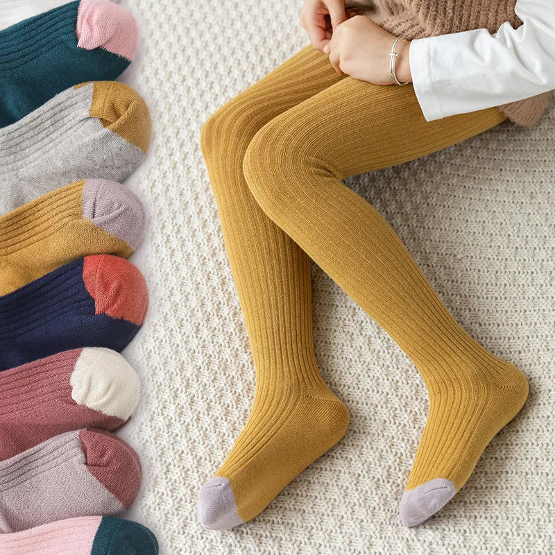 Medias de otoño invierno para niñas y bebés, pantimedias cálidas acanaladas con puntas de colores