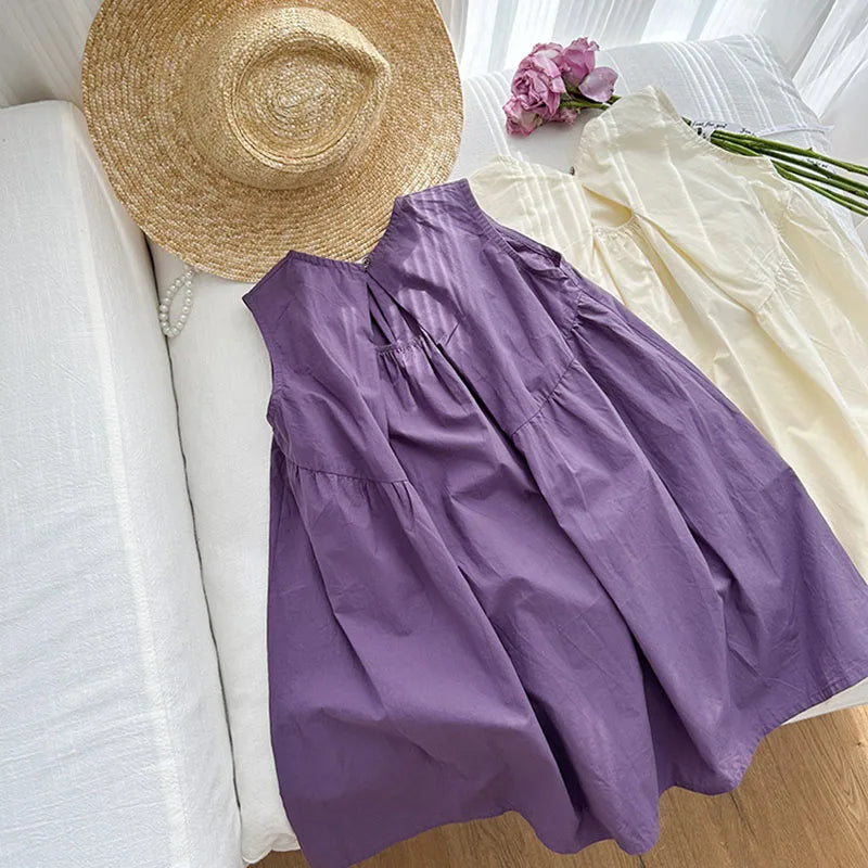 Lindo y amplio vestido sin mangas en color sólido para niñas para muchas oportunidades en verano