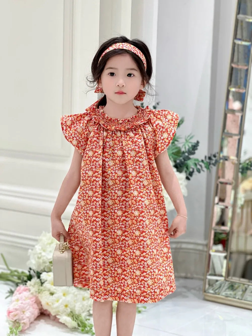 Sommerkjole til piger, piger tøj, blomsterkjoler, håndbroderet kjole med fransk -stil blomstermønster