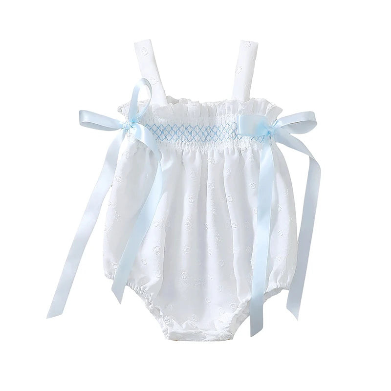 Babypiges sommerbukser, satinsløjfe blomster Jacquard ærmeløse stropper