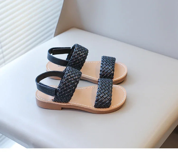 Kids Sandals for Girls 2024 Summer Girls Weave Design Sandals Children Beach Shoes Open Toes Flat Anti-skid Rubber Ankle Strap