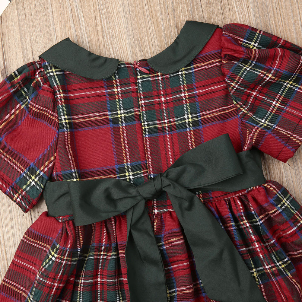 Lindo vestido navideño para niñas, vestidos de fiesta a cuadros escocés con doble lazo para niñas pequeñas, princesas, mangas cortas