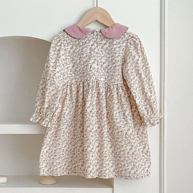 Vestido bordado con estampado y cuello color, de manga larga para niñas en primavera y otoño