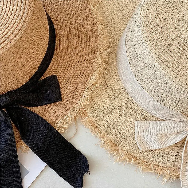 Beach HatJapanese Everything Hairy Edge Straw Hat Female Summer Flat Top Outing Sun Hat Small Fresh Bow Sun Shade Beach Hat