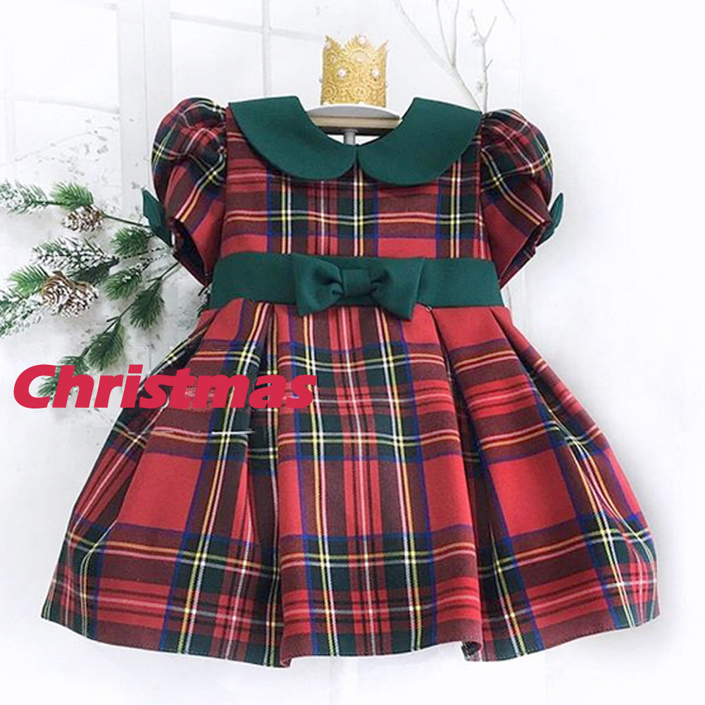 Lindo vestido navideño para niñas, vestidos de fiesta a cuadros escocés con doble lazo para niñas pequeñas, princesas, mangas cortas