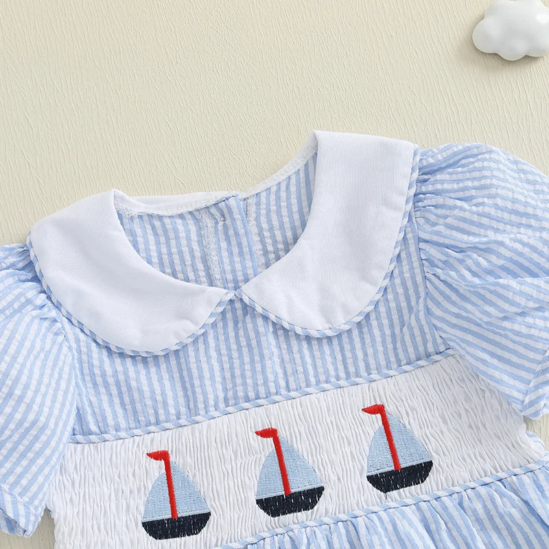 1-7T traje de velero para niña pequeña, vestidos ahumados, vestido con cuello de muñeca, ropa bonita de verano para niñas pequeñas