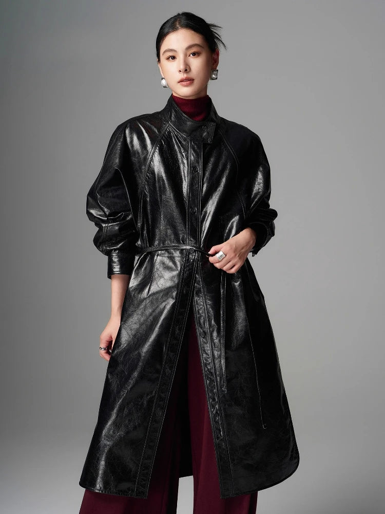 Trench de cuero de oveja genuino para mujer, con cinturón y cuello levantado de alta gama, manga de murciélago