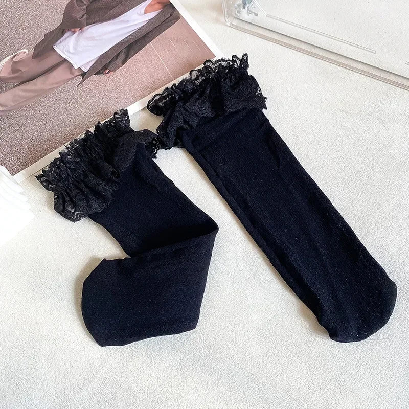 Medias con volantes de malla de encaje fino de verano, calcetines largos hasta la rodilla, blancos y negros ,con volantes para niñas y chicas adolescentes