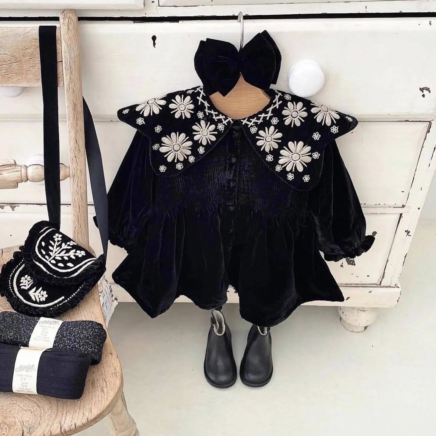 Hermosos vestidos y sweater vintage para niña invierno bordados cuellos amplios mangas abullonadas