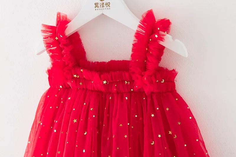 Lindo vestido de princesa de tul para niñas de Navidad, vestido de lentejuelas con estrellas para niñas pequeñas