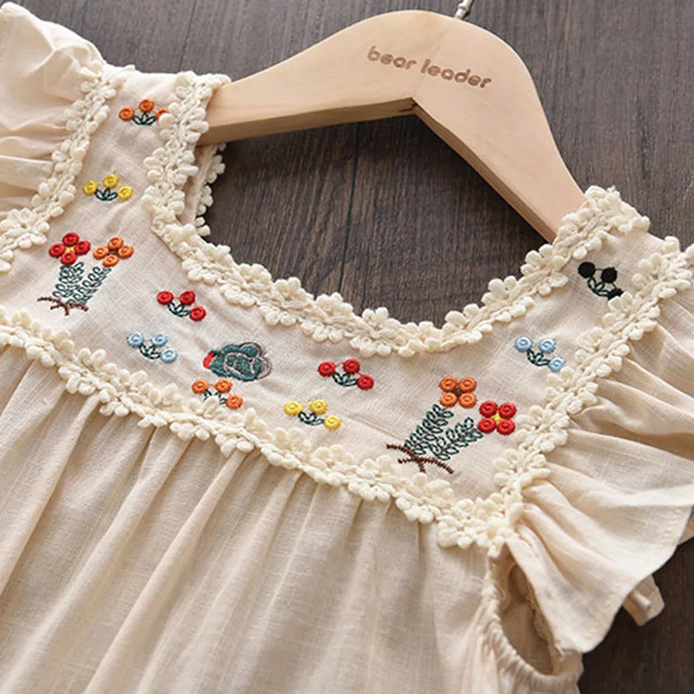 Vestido Boho de verano con bordado de flores para niñas, estilo retro, con mangas volantes, de princesa, ropa informal para niñas de 2 a 6 años