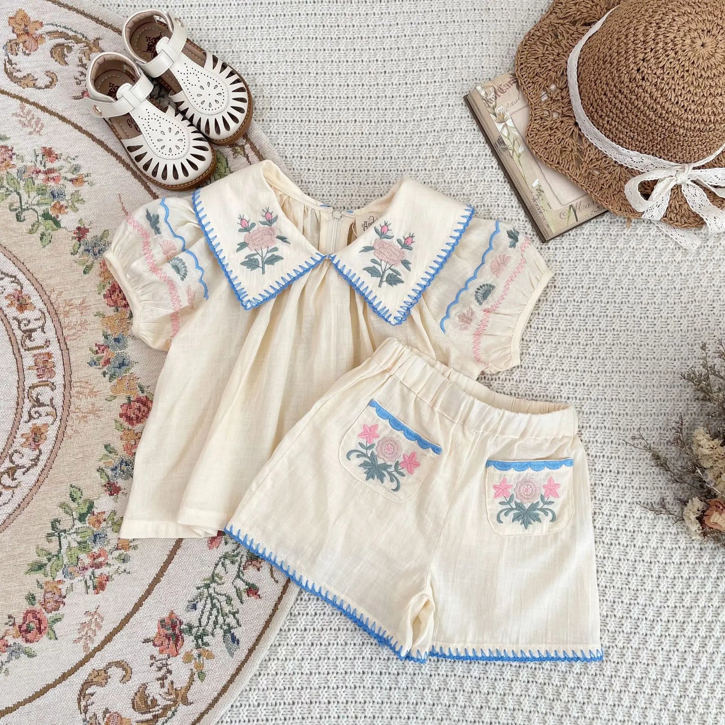 Conjunto boho bordado de verano para niñas, estilo pastoral