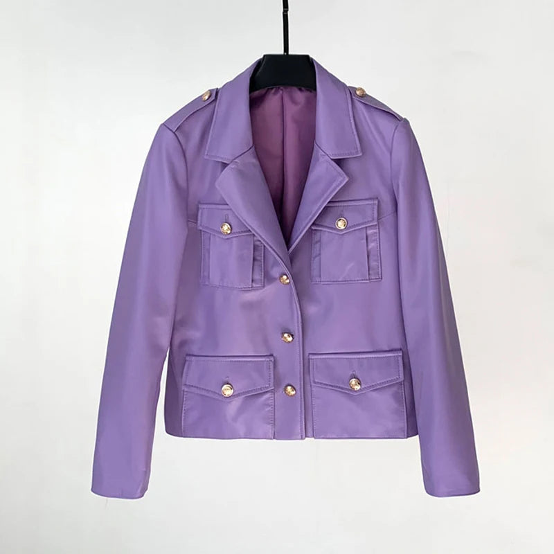 100 % ægte læder Casual jakke Dame Frakker 2025 Efterår Elegant Enkeltradede Lommer Slim Suit Krave Fåreskindsjakke Kvinde