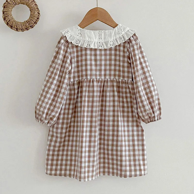 Lindo vestido campestre para niñas, en primavera, otoño, vestido de manga larga para niñas, cuadros beige con cuello blanco de muñeca en broderie