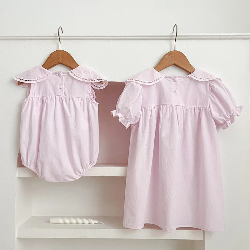 Vestidos de princesa de verano para niñas, de manga corta, de algodón, de color liso, amplio cuellos Peter Pan, para fiesta