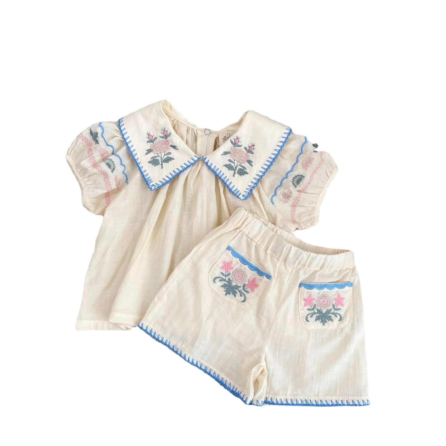 Conjunto boho bordado de verano para niñas, estilo pastoral