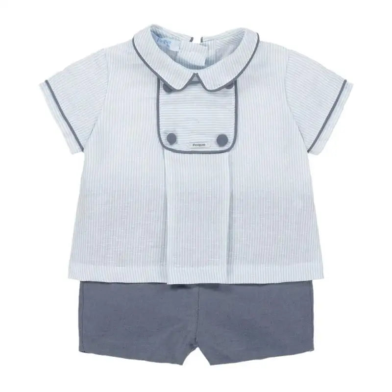 Precioso conjunto de dos piezas de verano para bebés niños, camisa con cuello vuelto con ribetes, tela a rayas, pantalones cortos para niños pequeños, algodón de alta calidad