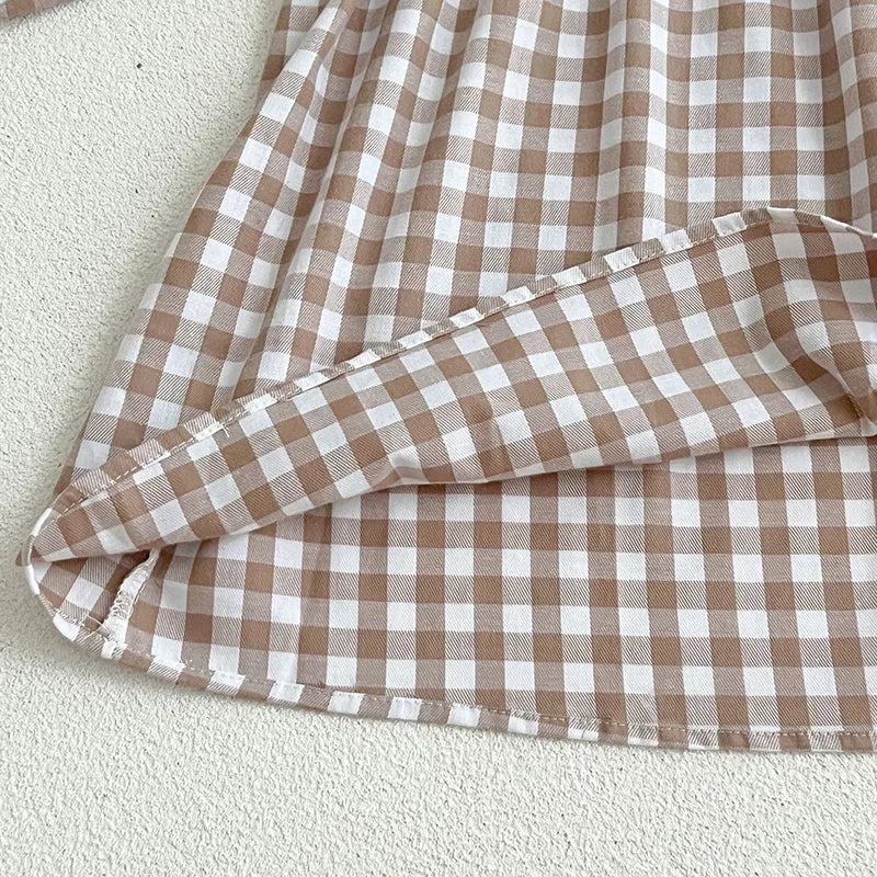 Lindo vestido campestre para niñas, en primavera, otoño, vestido de manga larga para niñas, cuadros beige con cuello blanco de muñeca en broderie