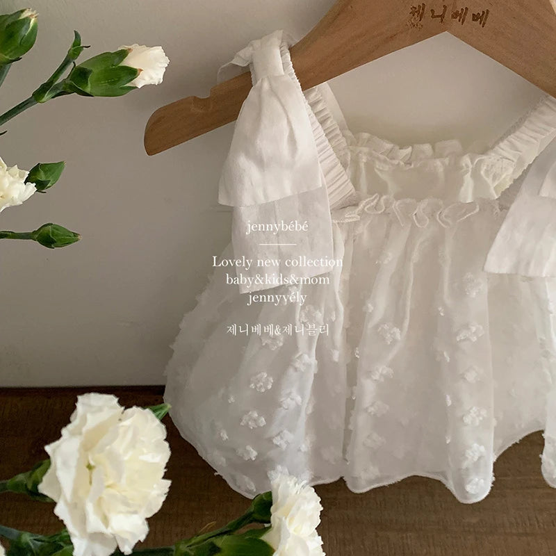 Adorable vestido de princesa con volantes y tirantes en capas, con bordado de flores blancas, para niña pequeña en alta calidad