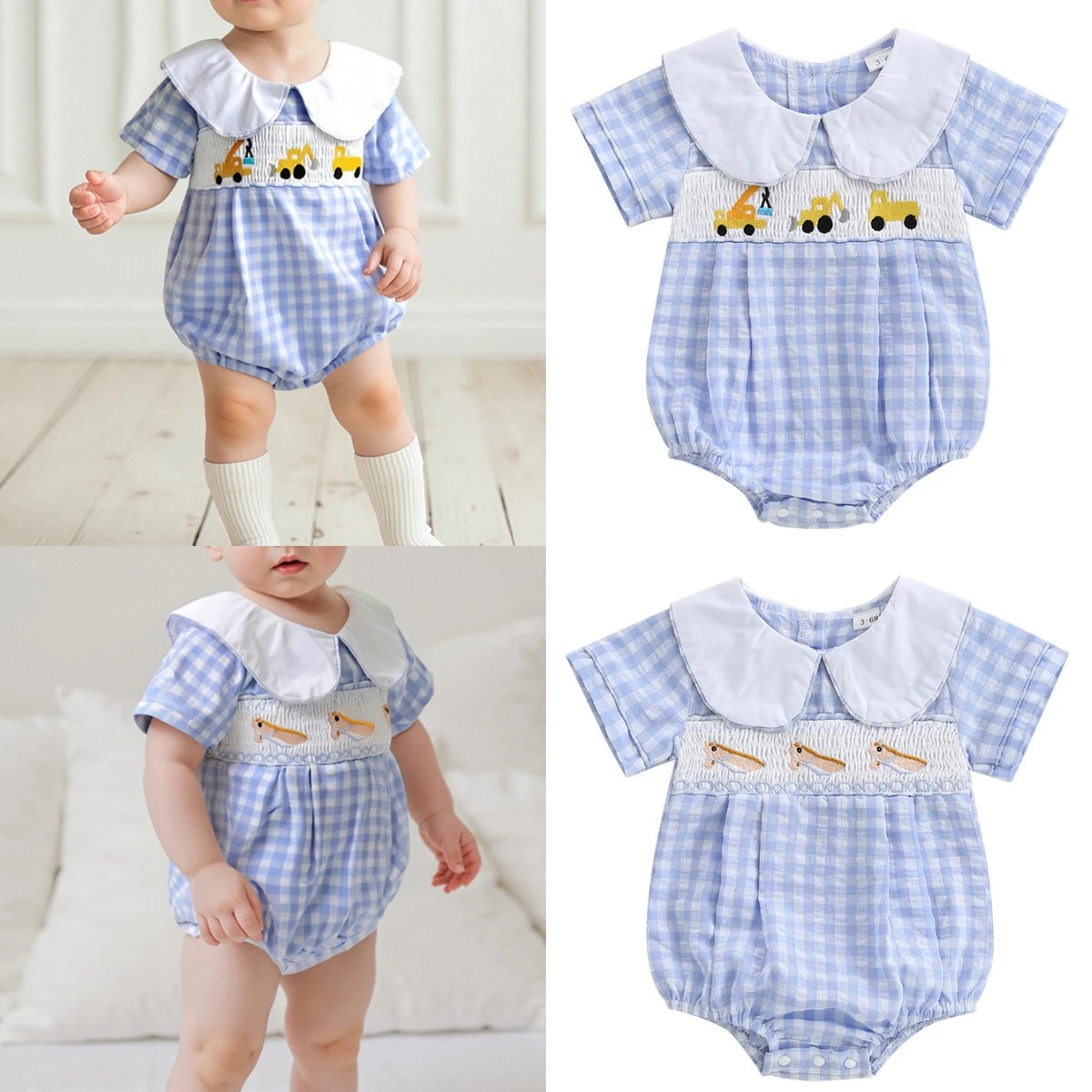 Pelele de verano para bebés, niños y niñas, mono informal con estampado a cuadros y cuello de muñeca bordado para recién nacidos, camisetas bonitas para bebés
