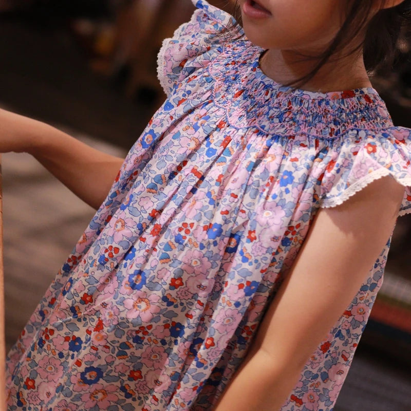 Vestido de verano para niñas pequeñas, 100 % algodón, estilo Liberty, bordado a mano, con mangas volantes, informal