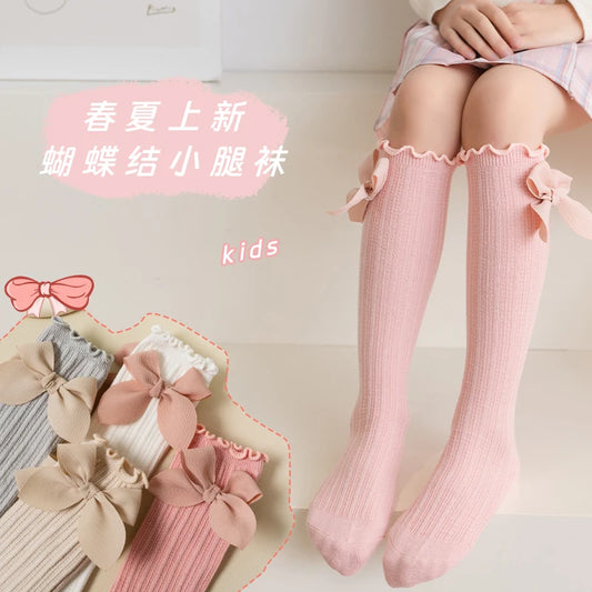 Medias de algodón suave con borde con volantes para niñas y estudiantes, medias kawaii calcetines largos de Lolita con lazo