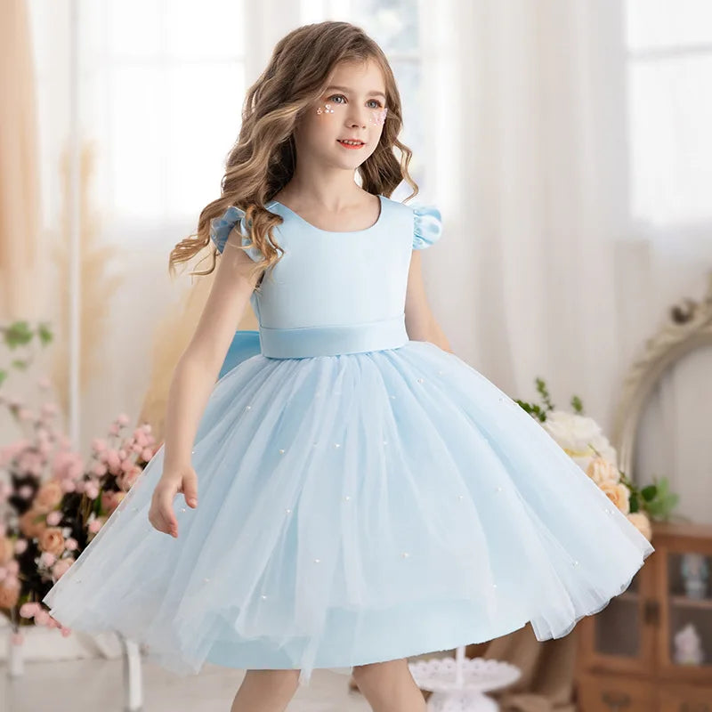 Vestido de princesa para niñas de 2 a 10 años, vestido de verano de tul con lazo grande, para boda, actuación de piano, bautizo, comunión, fiestas