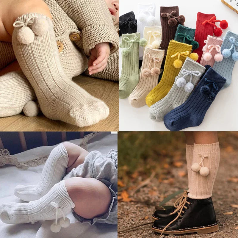 Calcetines hasta la rodilla con bolas de cerezas para niñas pequeñas, calcetines de princesa de estilo británico para niños de 0 a 4 años