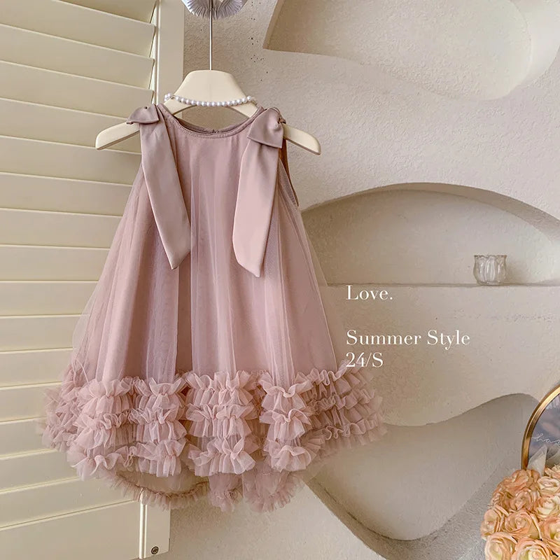 Vestido de princesa de suave tul para bebé niña y chica adolescente, vestido de verano para niñas, vestido sin mangas con lazo