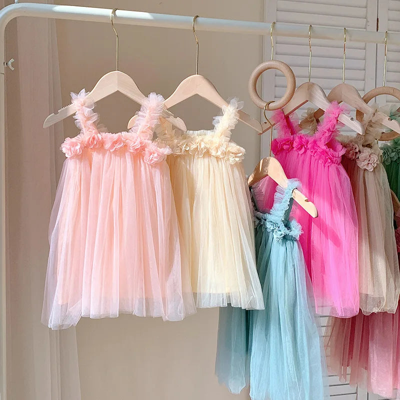 Summer Mesh Tulle Princess Slip Tutu Dresses 3D Flower Mermaid Birthday Dress for Baby Girl Clothes Sleeveless Girl Clothes