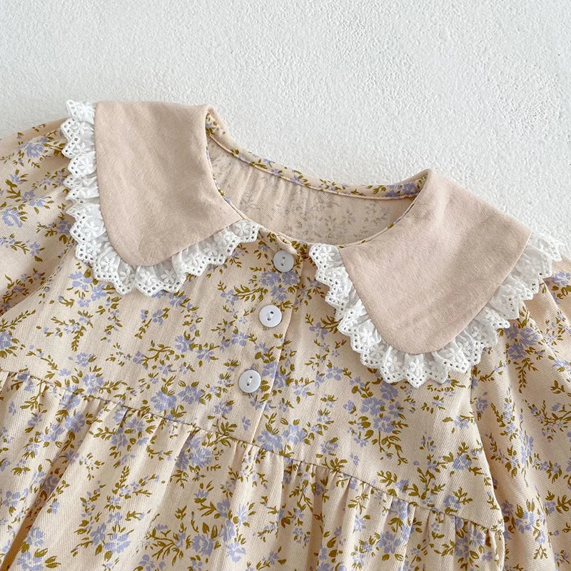 Vestido media estación de manga larga para niñas, estampado de flores cuello de muñeca en beige