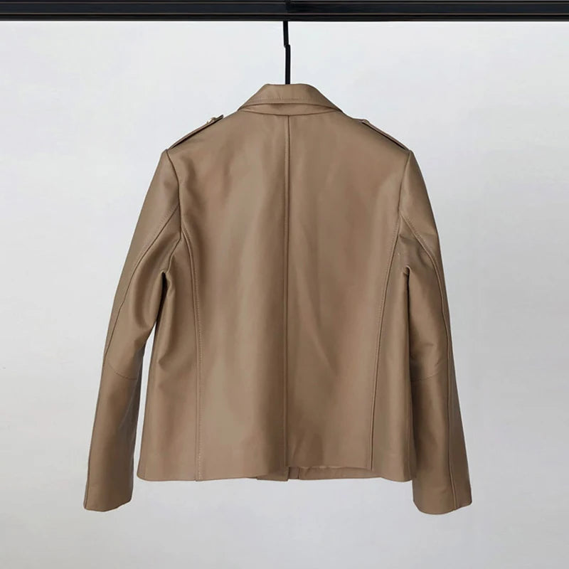 100 % ægte læder Casual jakke Dame Frakker 2025 Efterår Elegant Enkeltradede Lommer Slim Suit Krave Fåreskindsjakke Kvinde